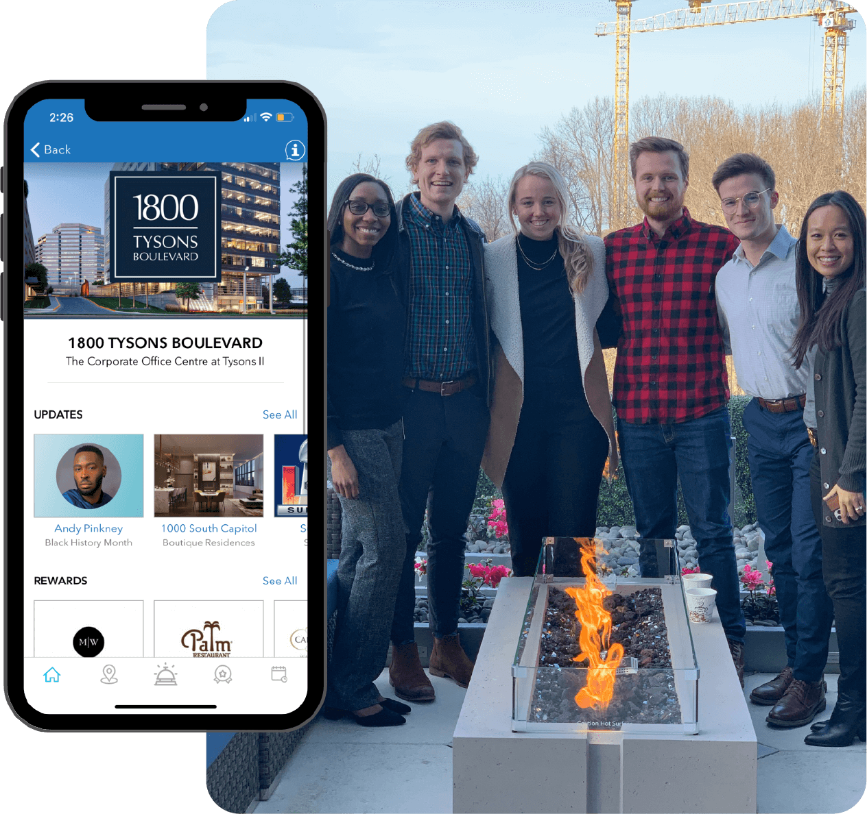 Simpli App Screen and photo of tenants next to an outdoor fireplace